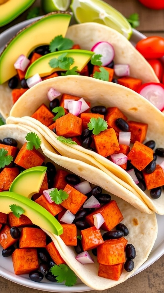 A plate of sweet potato and black bean tacos with avocado and cilantro on soft tortillas, served with lime wedges.
